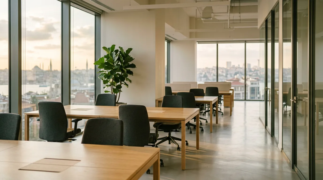 Öğleden sonra ışığında, tertemiz masaları ve cam bölmeleriyle sakin bir modern ofis.